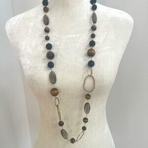 Wendy Mink Gold Filled  Smokey Quartz, Tiger Eye, Black Bead 38" Tie Necklace